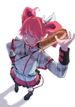 1girl absurdres ahoge baguette banken black_boots boots bread commentary_request drill_hair food frilled_skirt frills grey_jacket grey_shirt grey_sleeves hair_between_eyes hand_on_own_hip hand_up highres holding holding_food holding_weapon jacket kasane_teto looking_ahead medium_hair open_mouth pleated_skirt red_eyes red_hair red_skirt shadow shirt skirt sleeve_cuffs solo two-tone_skirt two_side_up unconventional_weapon weapon weapon_on_back white_background white_skirt