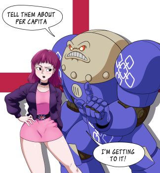 1boy 1girl absurdres amelia_(pathways) armor bare_legs belt belt_buckle blunt_bangs breasts buckle choker clenched_teeth codybaier commentary crossover dress drop_shadow england english_commentary english_flag english_text feet_out_of_frame flag_background glowing glowing_eyes hand_on_own_hip hatemonger_(space_king) highres index_finger_raised jacket looking_at_another medium_breasts medium_hair mole mole_under_eye nose open_clothes open_jacket open_mouth pathways_(game) pink_dress politics power_armor psycho-warrior purple_hair purple_jacket raised_eyebrow red_eyes short_dress space_king speech_bubble standing talking teeth union_jack united_kingdom