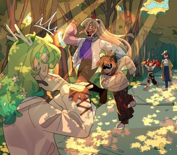 5girls animal_ears antlers arms_behind_head bench bird black_hair blonde_hair blue_hair breasts ceres_fauna chicken coat commentary dark-skinned_female dark_skin denim english_commentary flower green_hair hair_flower hair_intakes hair_ornament hakos_baelz high-waist_pants highres holocouncil hololive hololive_english hood hoodie horns jeans jumping kfp_employee_(takanashi_kiara) leaf limiter_(tsukumo_sana) long_hair long_sleeves medium_breasts mochiparrot mouse_ears mouse_girl multicolored_hair multiple_girls nanashi_mumei open_mouth ouro_kronii ouro_kronii_(casual) outdoors pants park_bench path planet_hair_ornament ponytail purple_shirt red_hair road shaded_face shirt shoes short_hair sneakers sparkling_eyes streaked_hair sunlight sweatdrop tree tsukumo_sana very_long_hair virtual_youtuber walking white_hair white_shirt yellow_eyes