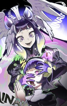 @_@ absurdres black_dress black_veil blunt_bangs commentary creature_and_personification crown dress english_commentary feathered_wings head_wings highres hololive hololive_english long_hair mind_control mw_01m ninomae_ina'nis official_alternate_costume open_mouth own_hands_clasped own_hands_together personification pink_eyes purple_eyes purple_hair purple_hands tako_takover_(ninomae_ina'nis) takodachi_(ninomae_ina'nis) teeth tentacle_hair veil virtual_youtuber white_wings wings