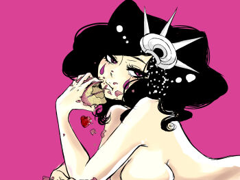 Rule 34 | 1girl, arrancar, black hair, bleach, breast press, breasts, cake, cirucci sanderwicci, eating, facial mark, female focus, food, fruit, hair ornament, lying, nude, on stomach, pattsunko, pink background, purple eyes, simple background, solo, strawberry