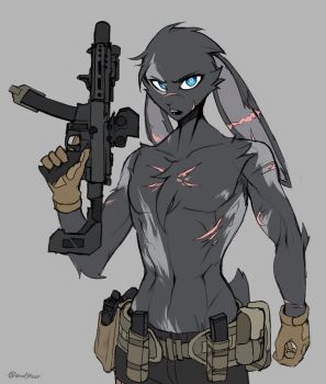 1boy artist_name belt blue_hair endjfcar furry furry_male gloves gun handgun holding holding_gun holding_weapon holster holstered magazine_(weapon) open_mouth original pistol rabbit_boy rabbit_ears rabbit_tail scar scar_on_arm scar_on_chest scar_on_ear scar_on_face sig_mpx submachine_gun trigger_discipline weapon