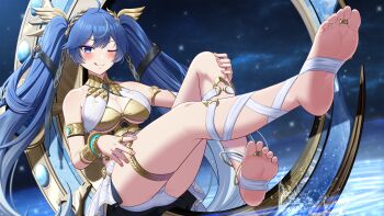 1girl :q absurdres ahoge ancient_greek_clothes armlet bare_shoulders barefoot blue_eyes blush breasts chinese_commentary cleavage closed_mouth commentary_request feet full_body gold_bra gradient_hair greco-roman_clothes highres iuno_(wuthering_waves) jewelry large_breasts laurel_crown leg_wrap lemon_kele long_hair looking_at_viewer multicolored_hair one_eye_closed outstretched_leg partial_commentary smile soles solo thighlet thighs toe_ring toes tongue tongue_out twintails vambraces very_long_hair wuthering_waves