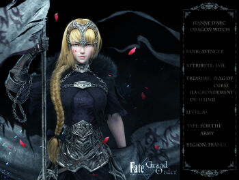 1girl 3d banner black_bow black_dress blonde_hair blood blood_on_face bow braid character_name cowboy_shot dress fate/apocrypha fate/grand_order fate_(series) feather_trim female_focus gauntlets hair_bow hair_over_shoulder hand_up headpiece highres holding jeanne_d&#039;arc_(fate) jeanne_d&#039;arc_(ruler)_(fate) jeanne_d&#039;arc_alter_(avenger)_(fate) jeanne_d&#039;arc_alter_(fate) long_hair looking_at_viewer petals plackart realistic reference_sheet single_braid single_gauntlet single_vambrace solo torn_sleeve vambraces yellow_eyes yun_sihang