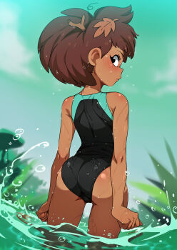 1girl amphibia anne_boonchuy ass breasts brown_hair cameltoe dark-skinned_female dark_skin female_focus from_behind highres jcm2 leaf leaf_on_head light_blush looking_at_viewer looking_back messy_hair one-piece_swimsuit partially_submerged plant small_breasts solo source_request swimsuit thigh_gap twig water wet
