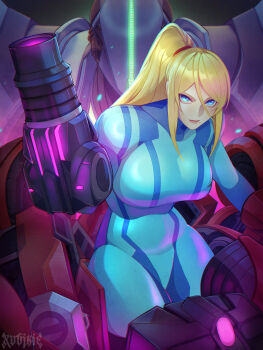 1girl absurdres arm_cannon blonde_hair blue_eyes commentary highres long_hair metroid metroid_prime_4:_beyond mole mole_under_mouth nintendo ponytail samus_aran sylux_(metroid) weapon xuuikie_ashe zero_suit