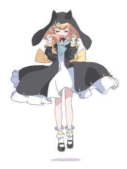 &gt;_&lt; 1girl animal_ears black_robe black_shoes blue_archive braid brown_hair closed_eyes colored_shadow dress facing_viewer fake_animal_ears full_body gz_(gzdteee) hands_up highres jumping long_hair long_sleeves mari_(blue_archive) midair nun open_mouth puffy_long_sleeves puffy_sleeves robe shadow shoes simple_background socks solo veil white_background white_dress white_socks