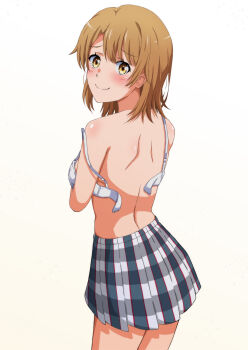 1girl back blush bra breasts brown_eyes brown_hair commentary_request from_behind grey_skirt highres isshiki_iroha konoyan looking_at_viewer miniskirt open_bra short_hair shoulder_blades simple_background skirt small_breasts solo underwear undressing white_background white_bra yahari_ore_no_seishun_lovecome_wa_machigatteiru.