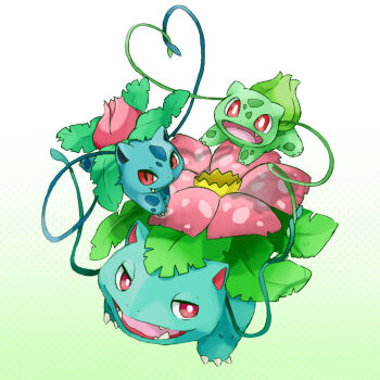 1990s_(style) bulbasaur evolution evolutionary_line fangs flower gen_1_pokemon heart heart_of_string ivysaur leaf nintendo no_humans open_mouth plant pokemon pokemon_(creature) pokemon_rgby red_eyes retro_artstyle simple_background slit_pupils ukata venusaur vines