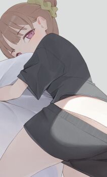 1girl black_shirt black_shorts brown_hair commentary green_scrunchie grey_background hair_ornament hair_scrunchie highres hiroki_(yyqw7151) looking_at_viewer original panties panties_under_shorts purple_eyes red_panties scrunchie shirt short_hair short_sleeves shorts simple_background solo t-shirt underwear