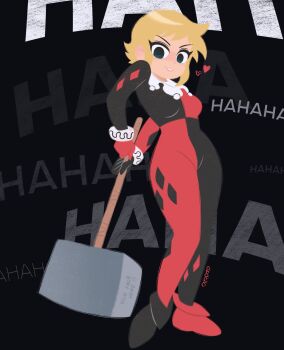 1girl batman_(series) black_bodysuit blonde_hair bodysuit breasts commentary cosplay dc_comics dzdello english_commentary full_body gloves grin hammer harlequin harley_quinn harley_quinn_(classic) harley_quinn_(cosplay) highres holding jester jester_costume looking_at_viewer medium_breasts multicolored_bodysuit ramona_flowers red_bodysuit scott_pilgrim_(series) scott_pilgrim_takes_off short_hair smile solo standing weapon