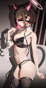 1girl :p absurdres animal_ears arm_behind_back artist_name bare_shoulders black_bra black_choker black_hair black_panties black_thighhighs blindfold blue_archive blunt_ends blush bob_cut bow bow_panties bra breasts candy cat_ears cat_girl cat_tail choker closed_mouth colored_inner_animal_ears colored_inner_hair cowboy_shot cuffs earrings extra_ears fake_tail food from_side hair_behind_ear halo hand_up handcuffs highres holding holding_candy holding_food holding_handcuffs holding_lollipop jewelry kazusa_(blue_archive) lace lace-trimmed_bra lace-trimmed_panties lace-trimmed_thighhighs lace_trim lingerie lollipop medium_breasts multicolored_hair nail_polish navel panties pink_hair pink_halo profile red_nails saliva saliva_trail seductive_smile shadow short_hair sikimosh skindentation smile solo stomach tail thighhighs thighs tongue tongue_out two-tone_hair underwear