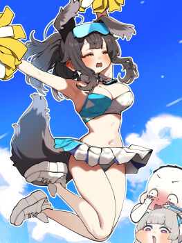 1boy 2girls absurdres animal_ears armpits arms_up black_hair black_panties blue_archive blue_sky breasts cheerleader chroong cleavage closed_eyes cloud commentary_request day dog_ears dog_girl dog_tail doodle_sensei_(blue_archive) eyewear_on_head grey_hair halo hibiki_(blue_archive) hibiki_(cheer_squad)_(blue_archive) highres holding holding_pom_poms jumping korean_commentary legs medium_breasts medium_hair multiple_girls navel noa_(blue_archive) outdoors panties pom_pom_(cheerleading) pom_poms ponytail purple_eyes sensei_(blue_archive) shoes skirt sky striped_clothes striped_panties sunglasses tail thighs underwear white_halo white_shoes white_skirt yellow_halo
