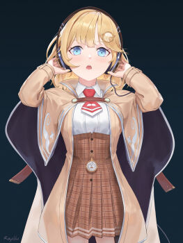 1girl blonde_hair blue_eyes blush breasts commentary english_commentary hair_ornament headphones highres holding hololive hololive_english long_sleeves looking_at_viewer magnifying_glass medium_hair mustache_print necktie open_mouth plaid_clothes plaid_skirt pocket_watch rayillu shirt simple_background skirt solo virtual_youtuber watch watson_amelia watson_amelia_(1st_costume) white_shirt