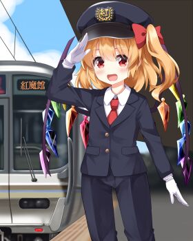 1girl :d black_hat black_jacket black_pants blonde_hair blush bow collared_shirt commentary_request cowboy_shot crystal_wings day flandre_scarlet gloves hair_bow hat highres jacket long_hair long_sleeves looking_at_viewer multicolored_wings necktie open_mouth outdoors pants red_bow red_necktie ruu_(tksymkw) shirt side_ponytail smile solo touhou train train_station white_gloves white_shirt wings