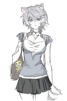 1girl alternate_costume animal_ears bare_arms black_skirt cat_ears chimera_(honkai:_star_rail) cipher_(honkai:_star_rail) cowboy_shot grey_eyes grey_hair grey_shirt highres honkai:_star_rail honkai_(series) kyu_(r1280x0) looking_at_viewer miniskirt pleated_skirt shirt short_hair short_sleeves sketch skirt smile solo standing