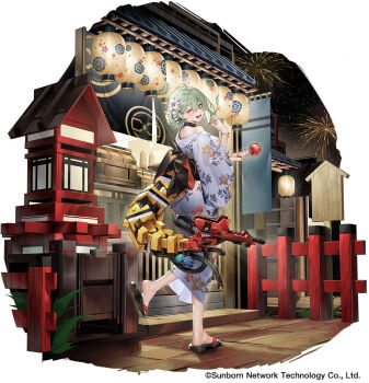 architecture blue_eyes candy_apple chinese_commentary copyright_notice cross-shaped_pupils de_lacey_(neural_cloud) de_lacey_(romantic_day_of_destiny)_(neural_cloud) east_asian_architecture festival fireworks flower food full_body girls&#039;_frontline girls&#039;_frontline_neural_cloud green_hair hair_flower hair_ornament highres holding_candy_apple holding_food japanese_clothes kimono lantern mechanical_tail official_art paper_lantern red_nails sandals shrine symbol-shaped_pupils tail vinegar_kira water_yoyo
