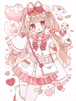 Rule 34 | 1girl, :o, animal ears, bandaged leg, bandages, bandaid, bandaid on knee, bandaid on leg, blush stickers, bow, bowtie, brown hair, commentary request, cowboy shot, cupcake, dosukoi (nagihoko), food, hair bow, hand up, heart, highres, ice cream, leg up, long hair, long sleeves, looking at viewer, open mouth, original, pleated skirt, rabbit ears, rabbit girl, red bow, red bowtie, red eyes, red sailor collar, red skirt, sailor collar, school uniform, serafuku, shirt, skirt, sleeves past fingers, sleeves past wrists, solo, standing, standing on one leg, striped clothes, striped skirt, symbol-shaped pupils, two side up, vertical-striped clothes, vertical-striped skirt, white background, white shirt, x-shaped pupils