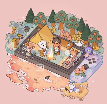 Rule 34 | 1girl, 5boys, :d, animal crossing, animal crossing: new horizons, animal ears, antelope, antelope ears, antlers, apple, artist name, bag, beach, beau (animal crossing), bird, blue dress, blush, blush stickers, bob (animal crossing), brown hair, bug, butterfly, butterfly net, campfire, cat, cat ears, chair, cherry, closed eyes, closed mouth, commentary, cup, dog, dog ears, dress, english commentary, fire, fishing, fishing rod, flower, flower wreath, food, fruit, full body, furry, furry male, grass, green shorts, guitar, gulliver (animal crossing), hand net, handheld game console, hat, head wreath, high ponytail, holding, holding butterfly net, holding fishing rod, holding instrument, horns, insect, instrument, k.k. slider (animal crossing), leaphere, lounge chair, lying, mollusc shell, mug, multiple boys, music, musical note, nintendo, nintendo switch, nose bubble, on back, on tree stump, open mouth, orange background, orange hair, palm tree, pink flower, playing instrument, ponytail, sailor hat, sand, satchel, saucer, scenery, seagull, seashell, shark fin, shell, shirt, short hair, short sleeves, shorts, simple background, singing, sitting, sleeping, sleeveless, sleeveless dress, sleeveless shirt, smile, sparkle, star (symbol), summer, t-shirt, table, tent, tree, tree stump, villager (animal crossing), water, white headwear, white shirt, yellow flower