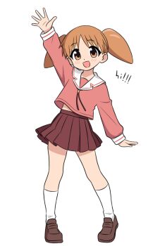 Rule 34 | 1girl, 64vii, arm up, azumanga daioh's school uniform, azumanga daiou, brown eyes, brown hair, brown shoes, commentary, english commentary, english text, full body, highres, loafers, long sleeves, looking at viewer, mihama chiyo, open mouth, pink serafuku, pink shirt, red skirt, sailor collar, school uniform, serafuku, shirt, shoes, short hair, short twintails, skirt, socks, solo, twintails, waving, white sailor collar, white socks, winter uniform