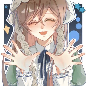 1girl ^_^ bib_collar black_background black_bow black_bowtie border bow bowtie brown_hair center_frills chinese_commentary closed_eyes collar collared_shirt commentary_request dress eyelashes frilled_collar frilled_sleeves frills green_dress guanzhuangwangzi38596 hair_between_eyes hair_ribbon hands_up happy headscarf highres lace_ribbon layered_sleeves light_blush long_hair long_sidelocks long_sleeves open_mouth outline outside_border palms paw_print puffy_short_sleeves puffy_sleeves ribbon rozen_maiden shirt shirt_under_dress short_over_long_sleeves short_sleeves sidelocks smile solo sparkle star_(symbol) suiseiseki teeth upper_body upper_teeth_only very_long_hair white_border white_headscarf white_outline white_ribbon white_shirt