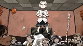 Rule 34 | 6+girls, aged down, angry, balloon, bandaid, bandaid on knee, bandaid on leg, bird, black hair, black shoes, black shorts, blonde hair, brown hair, bunny nun (diva), chicken, commentary, cracking knuckles, crying, diva (hyxpk), dogpile, english commentary, frown, grey hair, hairband, highres, little nuns (diva), long hair, mole, mole under mouth, multiple girls, orphanage, scared, shirt, shoes, short hair, shorts, smug nun (diva), socks, standing on person, stuffed animal, stuffed rabbit, stuffed toy, v-shaped eyebrows, white hairband, white shirt, white socks