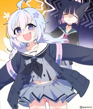 2girls :d ^_^ absurdres ahoge animal_ears artist_name backpack bag behind_another black_hair black_jacket black_neckerchief black_shirt blue_archive blue_hair closed_eyes colored_inner_animal_ears colored_inner_hair commentary cowboy_shot green_sailor_collar grey_serafuku hair_intakes hair_ornament halo highres jacket kazusa_(blue_archive) layer_(layer_illust) low_twintails medium_hair multicolored_hair multiple_girls navel neckerchief open_clothes open_jacket open_mouth outstretched_arms pink_hair pink_neckerchief pleated_skirt purple_eyes reisa_(blue_archive) sailor_collar school_uniform serafuku shaded_face shirt short_hair skirt smile star_(symbol) star_hair_ornament twintails two-tone_hair white_sailor_collar