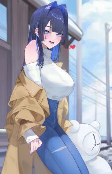 1girl :d absurdres against_railing blue_eyes blue_hair blue_nails blue_pants blush breasts brown_coat clothing_cutout coat coat_partially_removed cowboy_shot denim hair_intakes hashtag-only_commentary heart highres hololive hololive_english jeans large_breasts long_hair long_sleeves looking_at_viewer open_mouth ouro_kronii ouro_kronii_(casual) outdoors pants railing reachisang shoulder_cutout smile solo stuffed_animal stuffed_toy sweater teddy_bear turtleneck turtleneck_sweater virtual_youtuber white_sweater