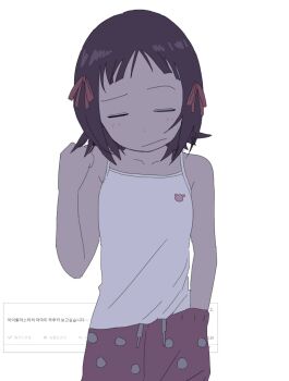 :| amami_haruka bare_arms bare_shoulders brown_hair camisole closed_eyes closed_mouth commentary_request doppelschwert facing_viewer flat_color hair_ribbon hand_in_pants hand_up highres idolmaster idolmaster_(classic) korean_commentary korean_text light_blush pajamas pants pink_pants polka_dot polka_dot_pajamas red_ribbon request_inset ribbon short_hair simple_background standing straight-on straight_hair translation_request white_background white_camisole