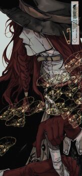 Rule 34 | 1boy, aleph (reverse:1999), black cape, cape, covered face, cracked mask, facing to the side, gloves, grey background, grey mask, gyujik qzc, highres, holding, long hair, male focus, merlin (reverse:1999), profile, red gloves, red hair, reverse:1999, safety pin, skull, solo, turning head, upper body