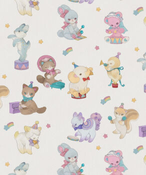 baby_animal bear bird bow bowtie cat chick circus collar commentary drum elephant hair_bow hat highres holding holding_instrument instrument lamb musical_note neck_ribbon nekosuke_(oxo) no_humans original painting_(medium) paper_texture party_hat pastel_colors patterned_background pedestal piano rabbit rainbow ribbon sheep sitting squirrel standing star_(symbol) straight-on stuffed_animal stuffed_toy symbol-only_commentary tambourine toy traditional_media trumpet watercolor_(medium) xylophone