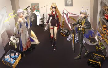 1other 3girls alternate_costume arknights bare_shoulders black_gloves black_pants blindfold_mask blonde_hair blue_eyes blue_hair boots closed_mouth clothes_rack colored_inner_hair commentary_request cosplay costume_switch covered_eyes crossover dragon_girl dragon_horns dragon_tail fingerless_gloves gloves grey_hair gun hair_between_eyes hair_intakes hair_ornament hand_on_own_hip handgun highres honkai:_star_rail honkai_(series) horns jacket light_machine_gun long_hair long_sleeves looking_at_viewer machine_gun mask multicolored_hair multiple_crossover multiple_girls numby_(honkai:_star_rail) off_shoulder pants pointy_ears ponytail red_hair shirt short_hair shu_(arknights) shu_(arknights)_(cosplay) stellar_jade strapless sword t-shirt tail thigh_strap topaz_(honkai:_star_rail) topaz_(honkai:_star_rail)_(cosplay) trigger_(zenless_zone_zero) trigger_(zenless_zone_zero)_(cosplay) trotter_(honkai:_star_rail) weapon white_hair xiongjiajie-dd zenless_zone_zero