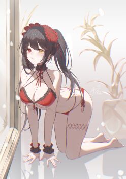 1girl absurdres all_fours annasui_factory azur_lane bare_shoulders barefoot bikini black_hair breasts clock_eyes date_a_live feet heterochromia highres large_breasts long_hair looking_at_viewer mirror navel official_alternate_costume plant potted_plant red_bikini red_eyes scrunchie solo stomach swimsuit symbol-shaped_pupils thighs tokisaki_kurumi tokisaki_kurumi_(twin_rose) twintails very_long_hair wrist_scrunchie yellow_eyes