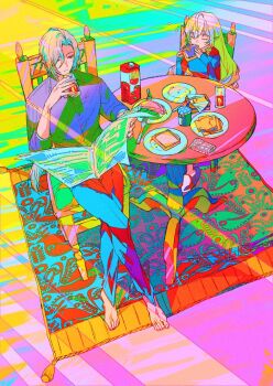1boy 1girl barefoot black_pants blonde_hair bread bread_slice carpet chair cheese closed_eyes closed_mouth cup drinking_glass eating food fork glass grey_eyes hair_between_eyes heterochromia holding holding_newspaper hugo_vlad jam jar juice long_hair mizu_cx mole mole_under_eye newspaper pants plate pointy_ears purple_hair purple_shirt red_eyes salad shirt sitting sleeves_rolled_up sliced_cheese table tomato_juice towel vivian_banshee zenless_zone_zero