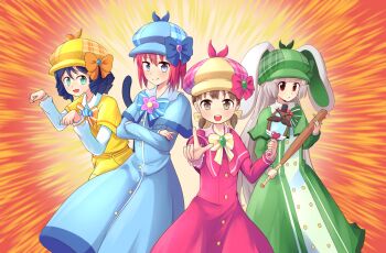 4girls :d animal_ears baseball_bat blue_dress blue_eyes blue_hair blue_hat bow brown_eyes brown_hair capelet cat_tail character_request cordelia_glauca cordelia_glauca_(cosplay) cosplay crossed_arms cyan_(show_by_rock!!) deerstalker doujima_nanako dress green_dress green_hat hair_bow hat hat_bow hercule_barton hercule_barton_(cosplay) hisui_(tsukihime) holding holding_baseball_bat index_finger_raised irisu_kyouko limebarrel magical_detective_loveline multiple_girls open_mouth paw_pose persona persona_4 pink_dress pointing rabbit_ears red_eyes red_hair sherlock_shellingford sherlock_shellingford_(cosplay) short_hair short_twintails show_by_rock!! smile spiked_bat tail tantei_opera_milky_holmes third-party_source tsukihime twintails yellow_bow yellow_hat yuzurizaki_nero yuzurizaki_nero_(cosplay)