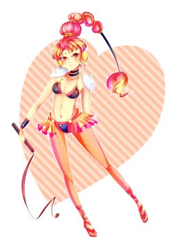 1990s_(style) 1girl armor bikini bikini_top_only bindi bishoujo_senshi_sailor_moon bishoujo_senshi_sailor_moon_supers blonde_hair blush choker female_focus frown gradient_hair hair_ornament hairpin leggings long_hair multi-tied_hair multicolored_hair pantyhose pauldrons ponytail red_eyes red_hair retro_artstyle sandals shoulder_armor solo spikes swimsuit torao_(torakmn) vesves_(sailor_moon) whip wrist_cuffs