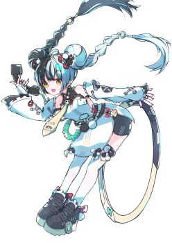 1girl absurdres animal_print aqua_nails bare_shoulders bear_print black_shoes braid braided_twintails chakram china_dress chinese_clothes corded_phone detached_sleeves dialyn_(zenless_zone_zero) double_bun dress earrings full_body hair_bun hair_extensions hair_ornament hashtag-only_commentary highres jewelry leaning_forward looking_at_viewer multicolored_hair multicolored_nails necktie open_mouth panda_hair_ornament panda_print phone red_nails ring_hair_extensions shoes simple_background solo sparkling_eyes split-color_hair thighhighs umikawak3_1 weapon white_background white_dress white_sleeves white_thighhighs wire yellow_eyes yellow_necktie zenless_zone_zero