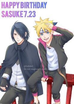 Rule 34 | 2boys, belt, black cloak, black eyes, black gloves, black hair, black jacket, blonde hair, blue eyes, blue headband, boruto: naruto next generations, cloak, commentary request, corrupted twitter file, facial mark, fingerless gloves, forehead protector, gloves, hair over one eye, happy birthday, headband, highres, jacket, jewelry, konohagakure symbol, male focus, matsu (fu6ide2), multiple boys, naruto (series), necklace, on railing, open mouth, railing, sitting, sleeves past wrists, smile, twitter username, uchiha sasuke, uzumaki boruto, watermark, whisker markings, white belt