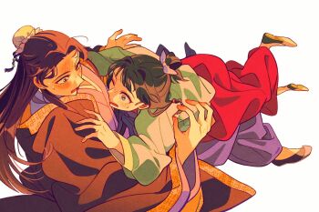 1boy 1girl beads black_jacket blue_eyes blue_ribbon blunt_bangs blush bun_cover chinese_clothes flats forehead_blush freckles full_body girl_on_top green_hair green_shirt hair_beads hair_bun hair_ornament hair_ribbon half_updo hand_on_another&#039;s_shoulder hetero highres jacket jinshi_(kusuriya_no_hitorigoto) kusuriya_no_hitorigoto looking_at_another maomao_(kusuriya_no_hitorigoto) one_eye_closed open_mouth parted_bangs pink_eyes purple_hair red_skirt ribbon ryeongrry11 shirt sidelocks skirt sweatdrop white_background wide-eyed