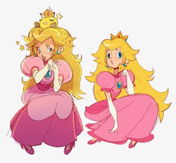 blonde_hair blue_eyes crown dress earrings elbow_gloves gloves highres jewelry long_hair mario_(series) nintendo pink_dress princess_peach sitting tuckeryart