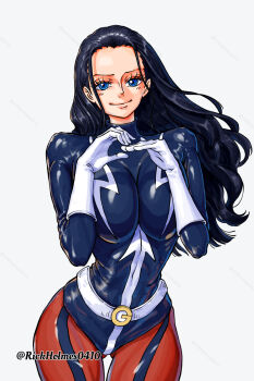 black_hair blue_eyes breasts cosplay gloves highres lao_g_(one_piece)_(cosplay) long_hair looking_at_viewer nico_robin one_piece rickholmes0410 sagging_breasts spandex white_gloves