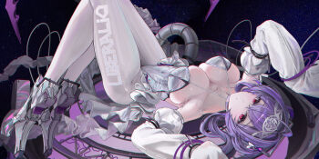 1girl absurdres ahoge alternate_breast_size_(larger) armored_boots arms_up boots breasts character_name cleavage collarbone commentary detached_sleeves disgustingtokki frills goddess_of_victory:_nikke hair_between_eyes hair_intakes hairband headgear highres knees_up leotard liberalio_(nikke) looking_at_viewer lying on_back pantyhose purple_hair red_eyes revision short_hair_with_long_locks sleeves_past_fingers sleeves_past_wrists solo white_leotard white_pantyhose white_sleeves wire