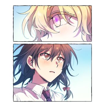 Rule 34 | 2girls, blonde hair, blush, bow, brown eyes, brown hair, collared shirt, commentary, covered mouth, eye focus, hair bow, implied yuri, looking at another, maribel hearn, multicolored eyes, multiple girls, necktie, no headwear, open mouth, purple eyes, re ghotion, red bow, red necktie, shirt, short hair, touhou, two-tone eyes, usami renko, white shirt, yellow eyes