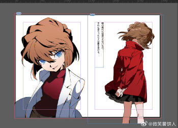 Rule 34 | 1girl, arms behind back, art program in frame, bisho imobing hito, black skirt, blue eyes, brown hair, closed mouth, coat, commentary request, haibara ai, hair between eyes, lab coat, long sleeves, meitantei conan, multiple views, pleated skirt, red coat, red shirt, shirt, short hair, skirt, translation request
