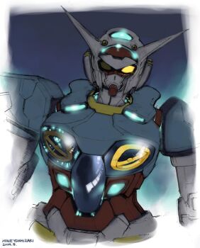 Rule 34 | armor, blue background, g-self, glowing, glowing eye, gundam, gundam g no reconguista, looking at viewer, machinery, mecha, mecha focus, mobile suit, no humans, robot, simple background, solo, upper body, v-fin, yellow eyes, yoshizaki mine