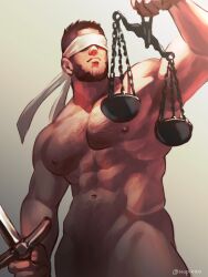 Rule 34 | 1boy, abs, bara, black hair, blindfold, closed mouth, completely nude, covered eyes, facial hair, golden kamuy, holding, holding sword, holding weapon, large pectorals, long sideburns, male focus, mature male, muscular, muscular male, navel, nipples, nopinzo, nude, pectorals, short hair, sideburns, simple background, solo, sword, tanigaki genjirou, twitter username, weapon, white blindfold