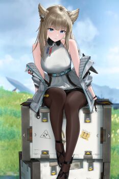 Rule 34 | 1girl, absurdres, animal ears, arknights, arknights: endfield, bare shoulders, bird ears, bird girl, black pantyhose, blue eyes, blue sky, breasts, closed mouth, commentary, day, dress, highres, ir who, jacket, looking at viewer, medium breasts, off shoulder, outdoors, pantyhose, perlica (arknights), sitting, sky, solo, white dress, white jacket