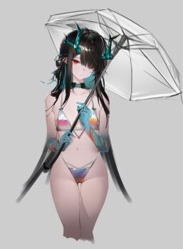1girl absurdres alternate_costume aqua_hair aqua_horns aqua_skin arknights bare_arms bare_shoulders bikini black_hair breasts closed_mouth collar collared_bikini colored_inner_hair colored_skin commentary cropped_legs dragon_girl dragon_horns dragon_tail dusk_(arknights) earrings eastern_dragon_horns eastern_dragon_tail gradient_skin green_collar grey_background grey_bikini hair_over_one_eye hair_over_shoulder hashtag-only_commentary head_tilt highleg highleg_bikini highres holding holding_umbrella horns jewelry ligod long_hair looking_at_viewer medium_breasts multicolored_hair multicolored_skin no_pants orange_skin pointy_ears red_eyes red_skin simple_background solo standing stomach string_bikini swimsuit tail two-tone_hair umbrella white_collar
