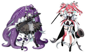 2girls :d ;d absurdly_long_hair absurdres bare_shoulders black_boots black_hat black_skirt black_socks black_vest blunt_bangs boots bow bowtie commentary detached_sleeves double-parted_bangs frilled_skirt frills full_body green_eyes hat highres holding holding_unworn_clothes holding_unworn_hat horns kneehighs legwear_garter long_hair looking_at_viewer multicolored_hair multiple_girls navel one_eye_closed open_mouth original pale_skin pink_bow pink_bowtie pink_hair puffy_detached_sleeves puffy_sleeves purple_hair seeshin_see shirt short_sleeves simple_background skirt sleeveless sleeveless_shirt smile socks standing streaked_hair tail tentacle_hair thigh_strap top_hat twintails two-tone_hair umbrella_gun unworn_hat unworn_headwear very_long_hair vest white_background white_hair white_horns white_shirt white_sleeves