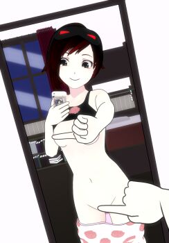 1girl 3d breasts clothes_lift grey_eyes happy highres lvl3toaster meme navel no_bra nude one_finger_selfie_challenge_(meme) pajamas phone ruby_rose rwby selfie shirt_lift smile